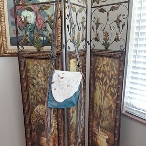 Myra Bag Teal Leather Crossbody with Cowhide Flap and Fringe